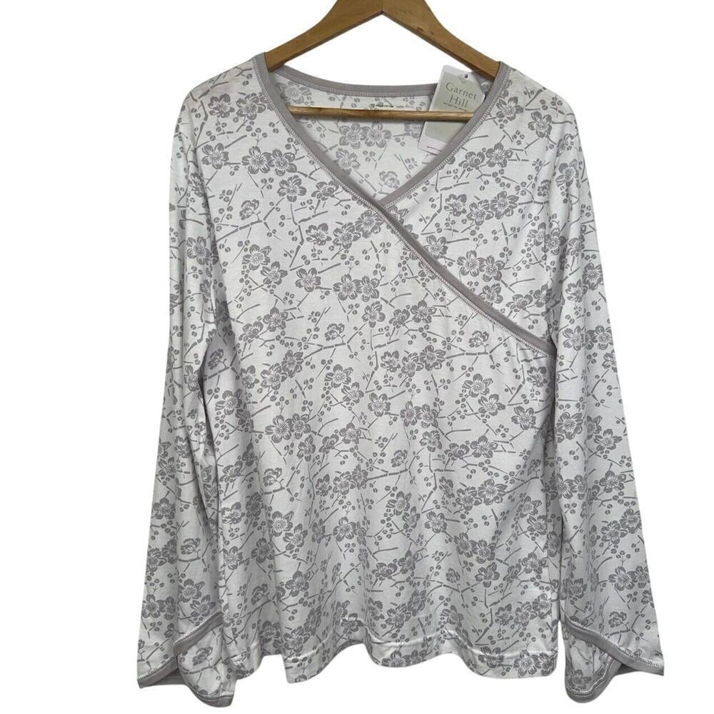 Garnet Hill Womens Top Sz L Green Cotton White and Gray Floral Top Shirt NWT